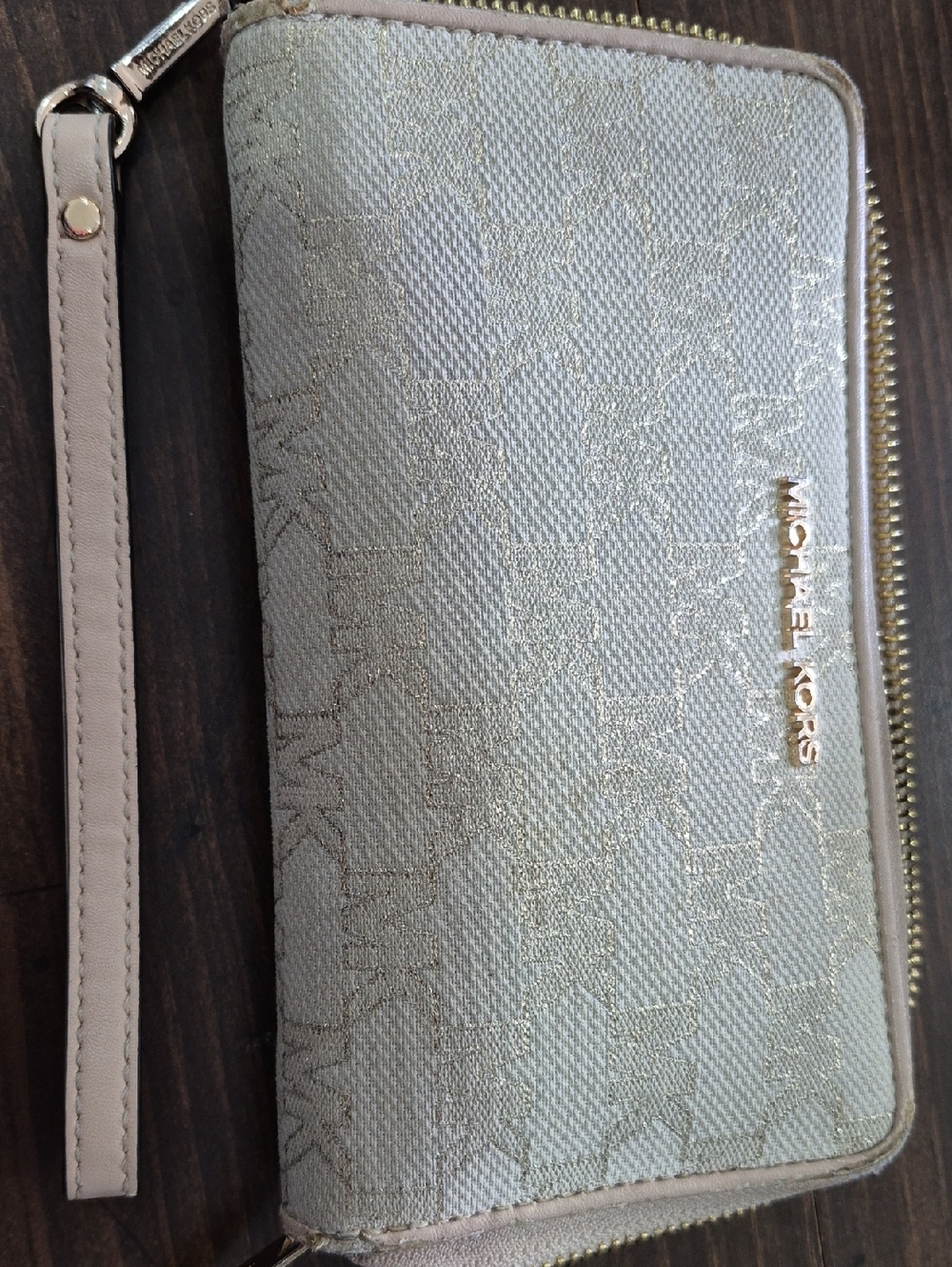 Michael Kors Pale Beige and Gold Signature Zip-Around Wristlet